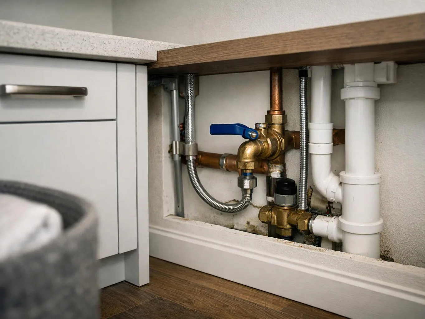 Open cabinet plumbing with brass valves, white pipes, and a blue handle under a countertop