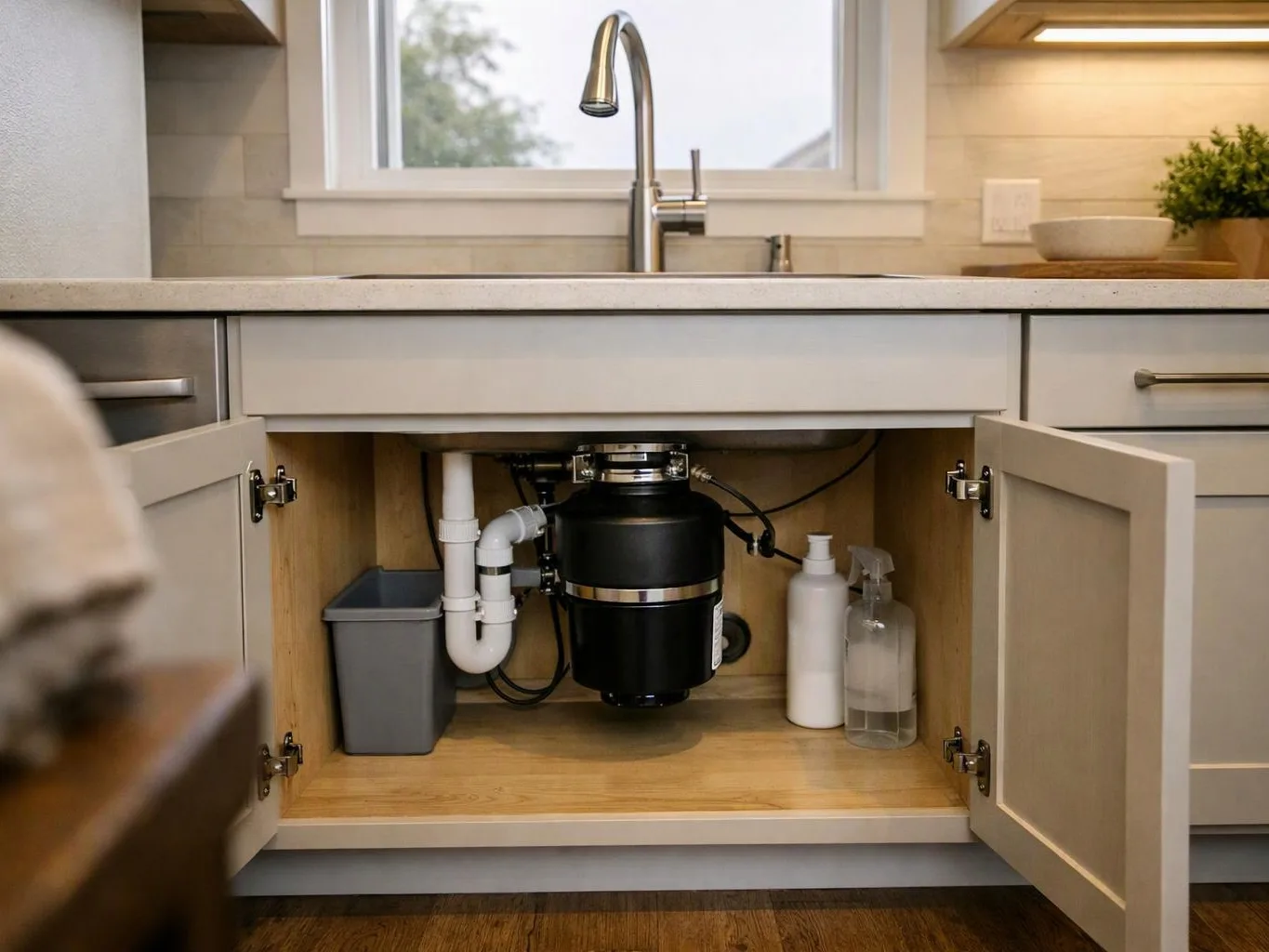 Open kitchen sink cabinet with pipes, a black disposal unit, and cleaning bottles under a faucet