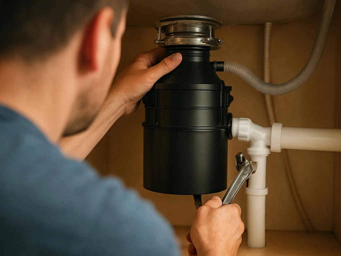 A person adjusts a black garbage disposal under a kitchen sink with a wrench