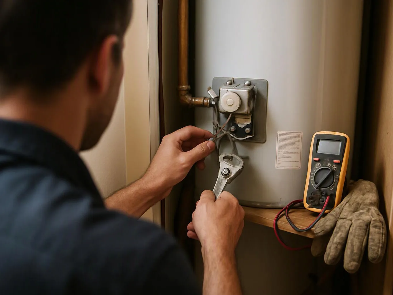 A person adjusts the valve on a water heater with a wrench beside a multimeter and gloves