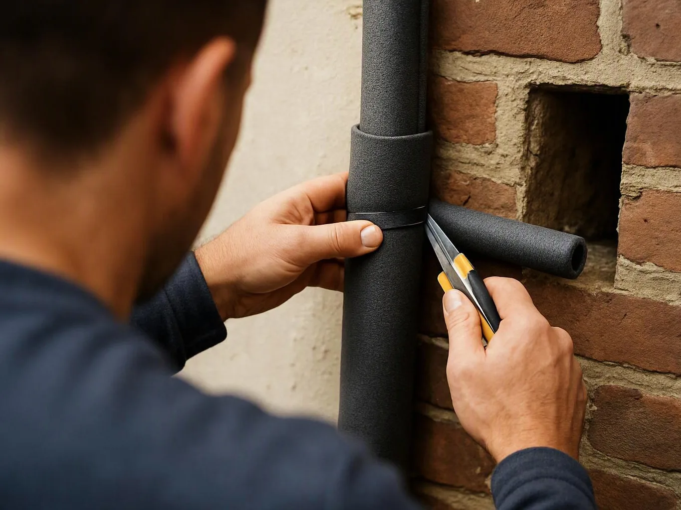 A person cuts black foam pipe insulation beside a brick wall opening