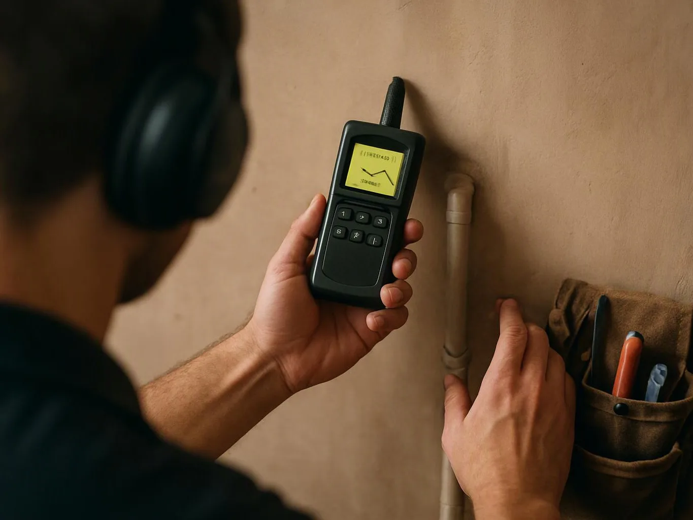 A person in headphones holds a handheld device and checks a wall pipe beside a tool pouch