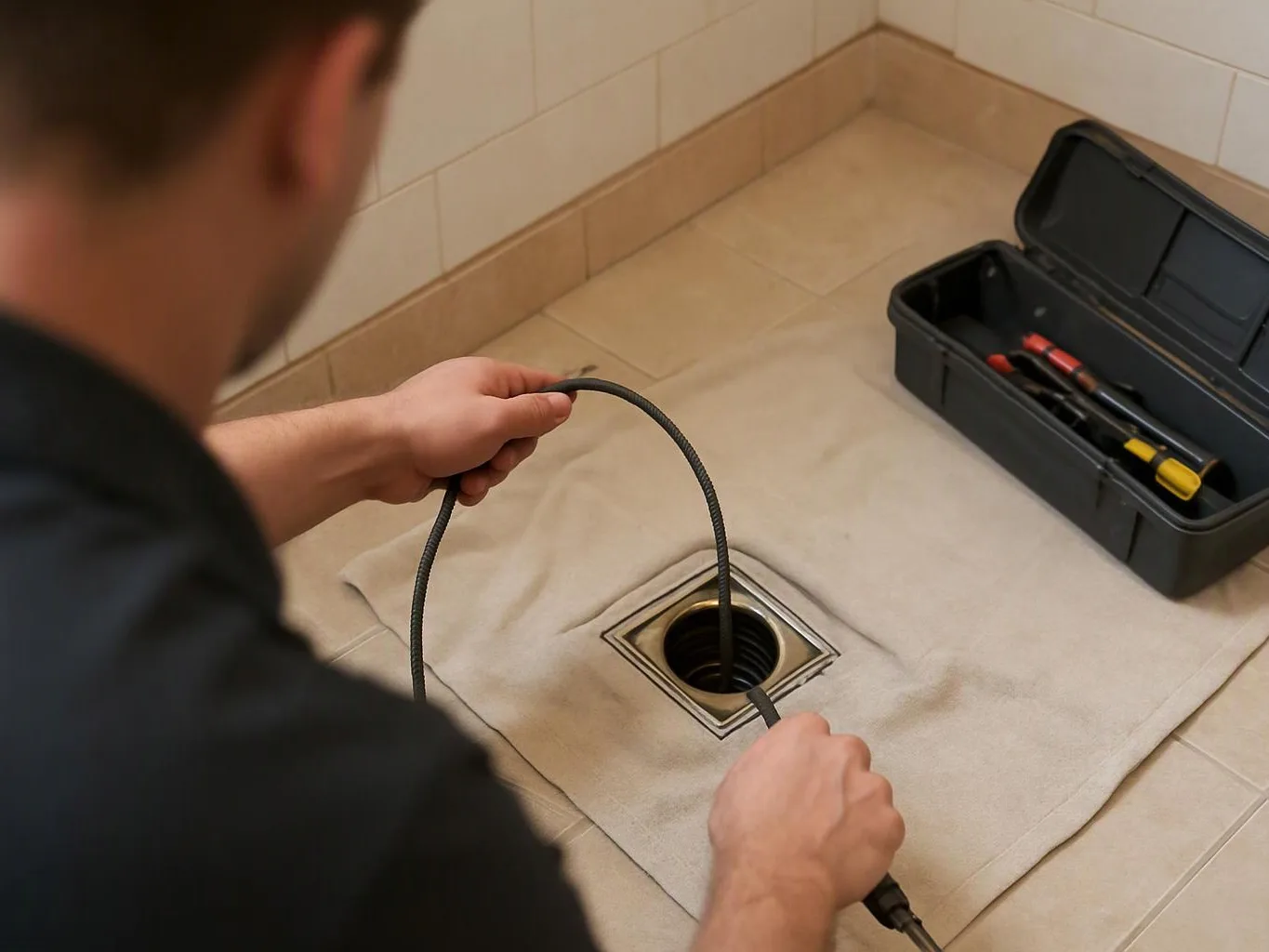 A person inserts a flexible drain snake into a floor drain beside an open tool case on tiled flooring