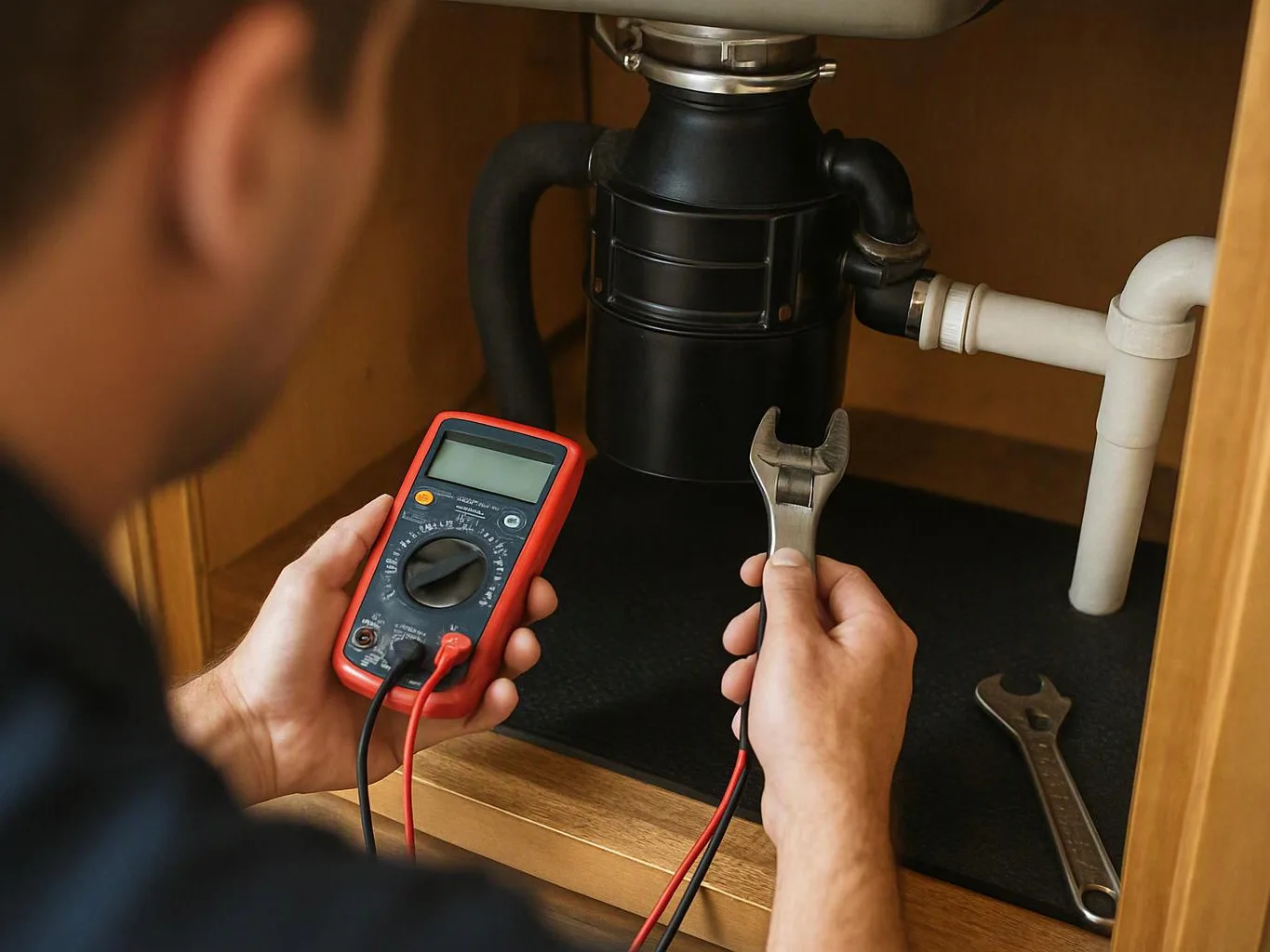 A person inspects under-sink plumbing with a multimeter and wrench inside a wooden cabinet
