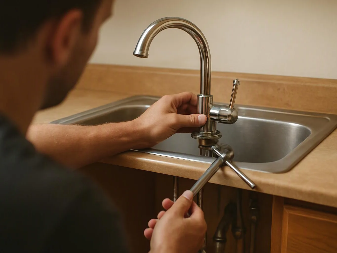A person installs a chrome kitchen faucet over a sink with a wrench