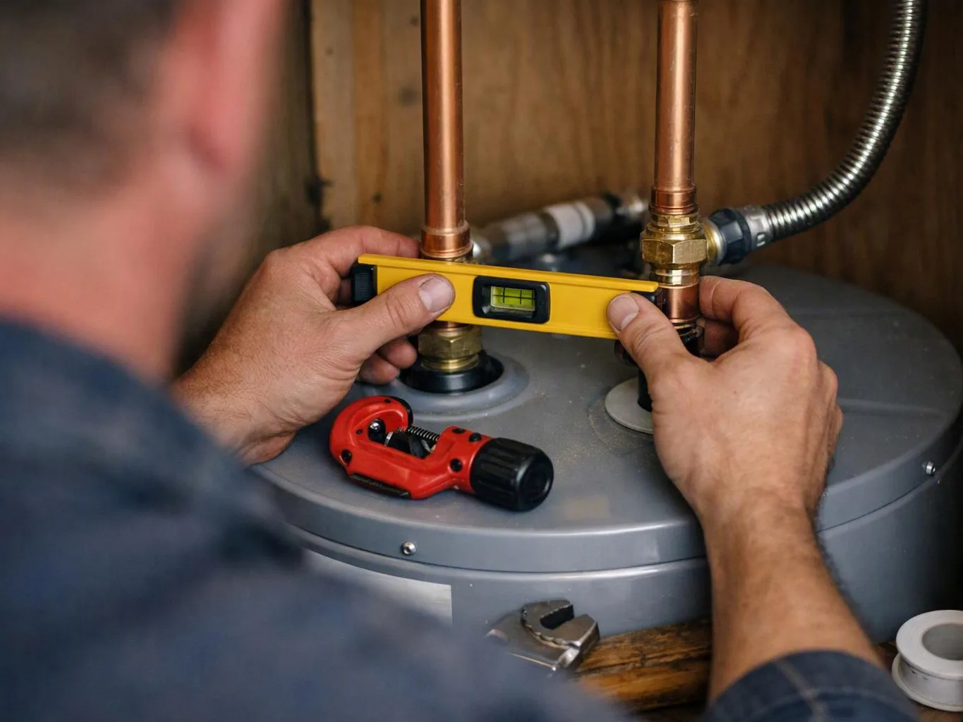 A person levels copper pipes on a gray water heater using a yellow spirit level in a cabinet