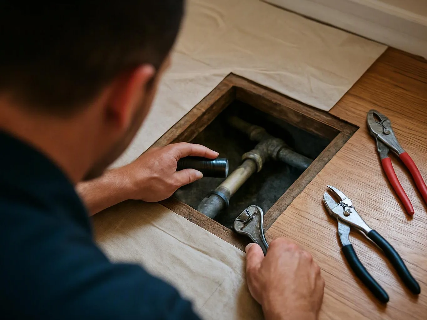 A person reaches into a floor opening beside plumbing pipes, with pliers and a wrench on the wood floor