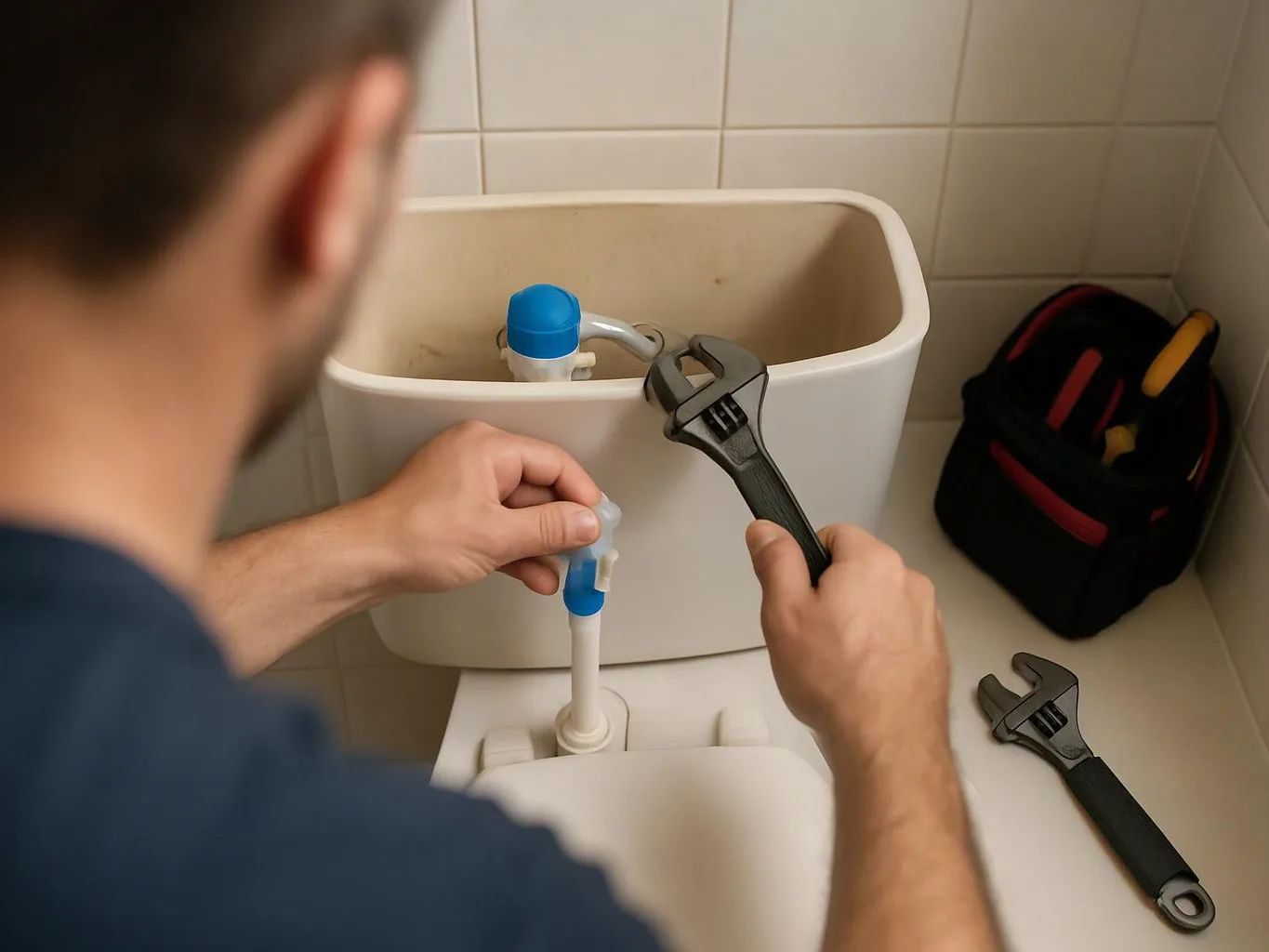 A person repairs a toilet tank with an adjustable wrench in a tiled bathroom