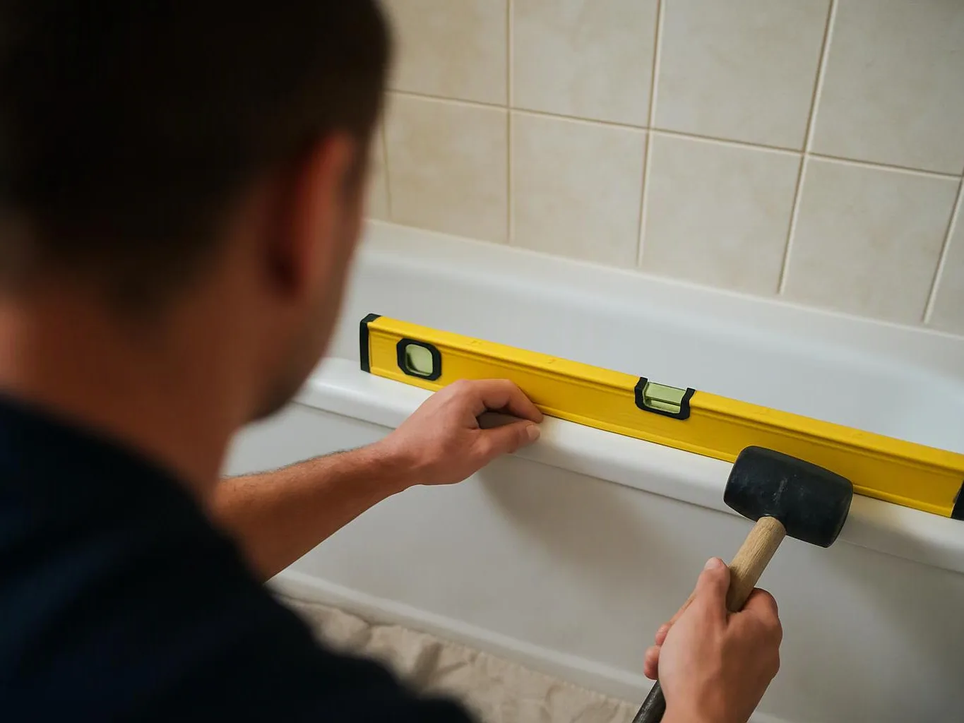 A person uses a level and mallet to adjust a bathtub edge in a tiled bathroom