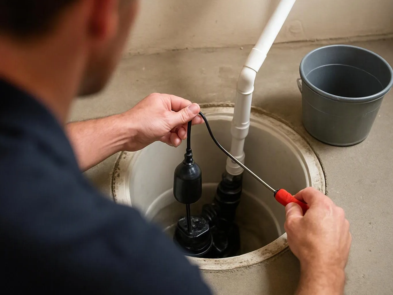 A person uses a screwdriver to work on a sump pump inside a floor pit next to a gray bucket