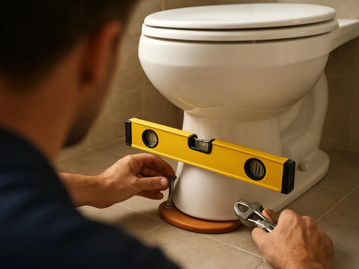 A person uses a yellow level to install a white toilet on a tiled bathroom floor
