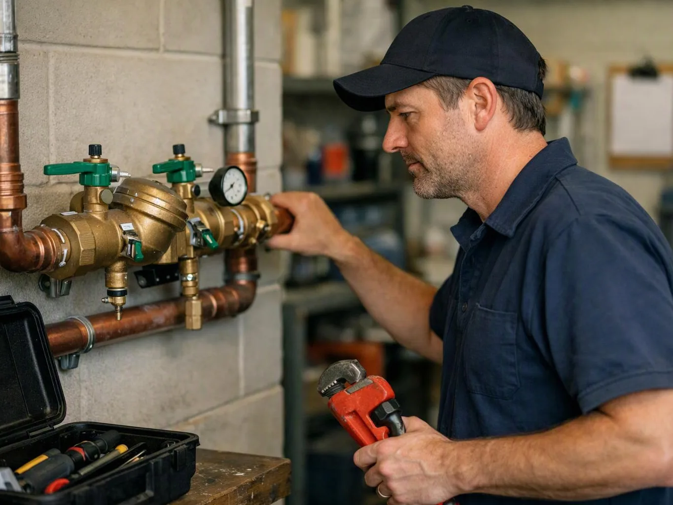 A plumber in a cap inspects brass pipes and valves while holding a red pipe wrench in a workshop