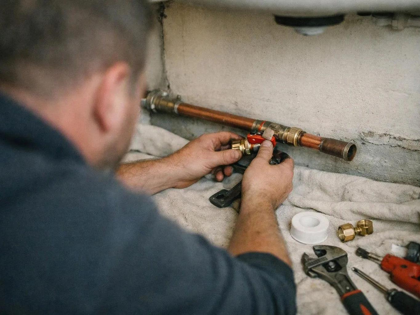 A plumber crouches by copper pipes, fitting a red valve with tools on a cloth-covered floor