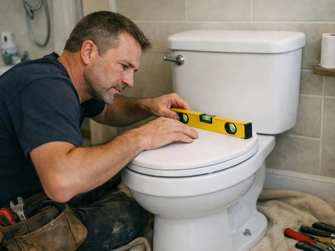 A plumber kneels by a toilet, checking the seat with a yellow level in a tiled bathroom