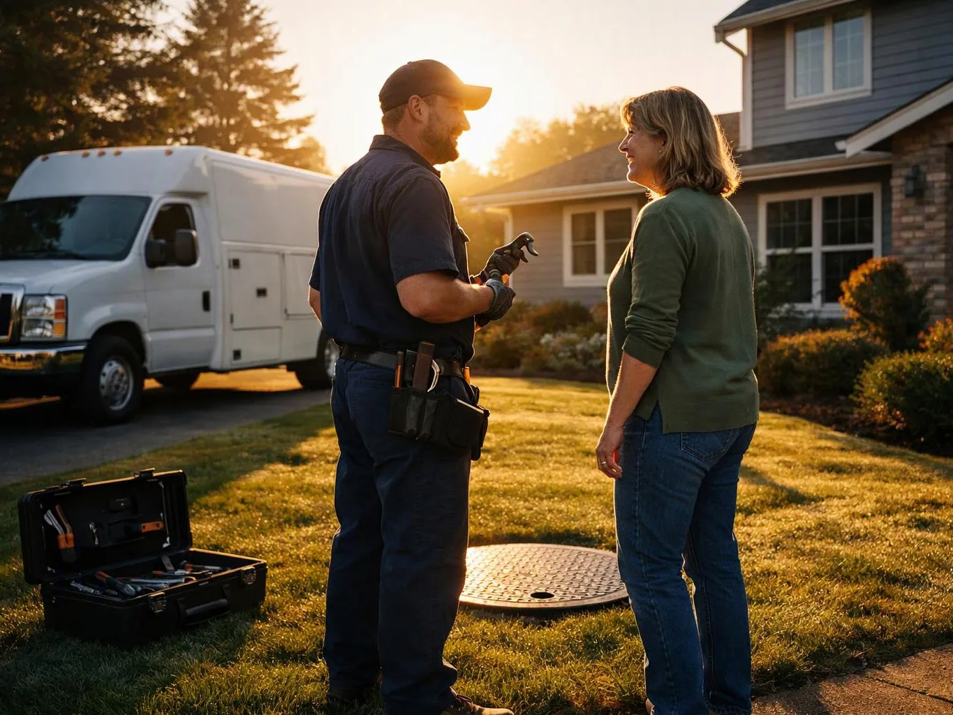 A plumber talks with a woman on a sunny lawn beside an open tool case and a service van