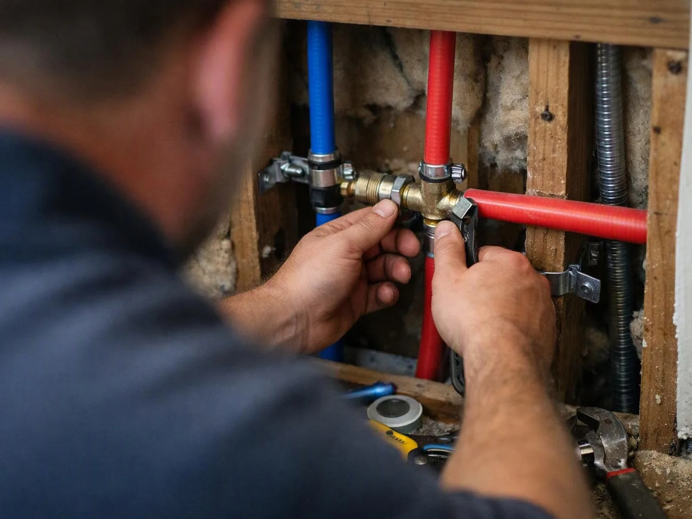 A plumber tightens a brass valve on red and blue pipes inside an exposed wall frame