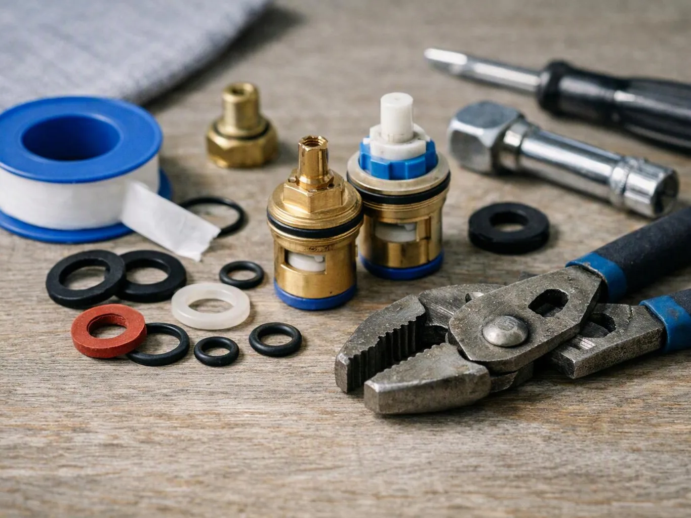 Plumbing parts, washers, tape, and pliers lie on a wooden work surface