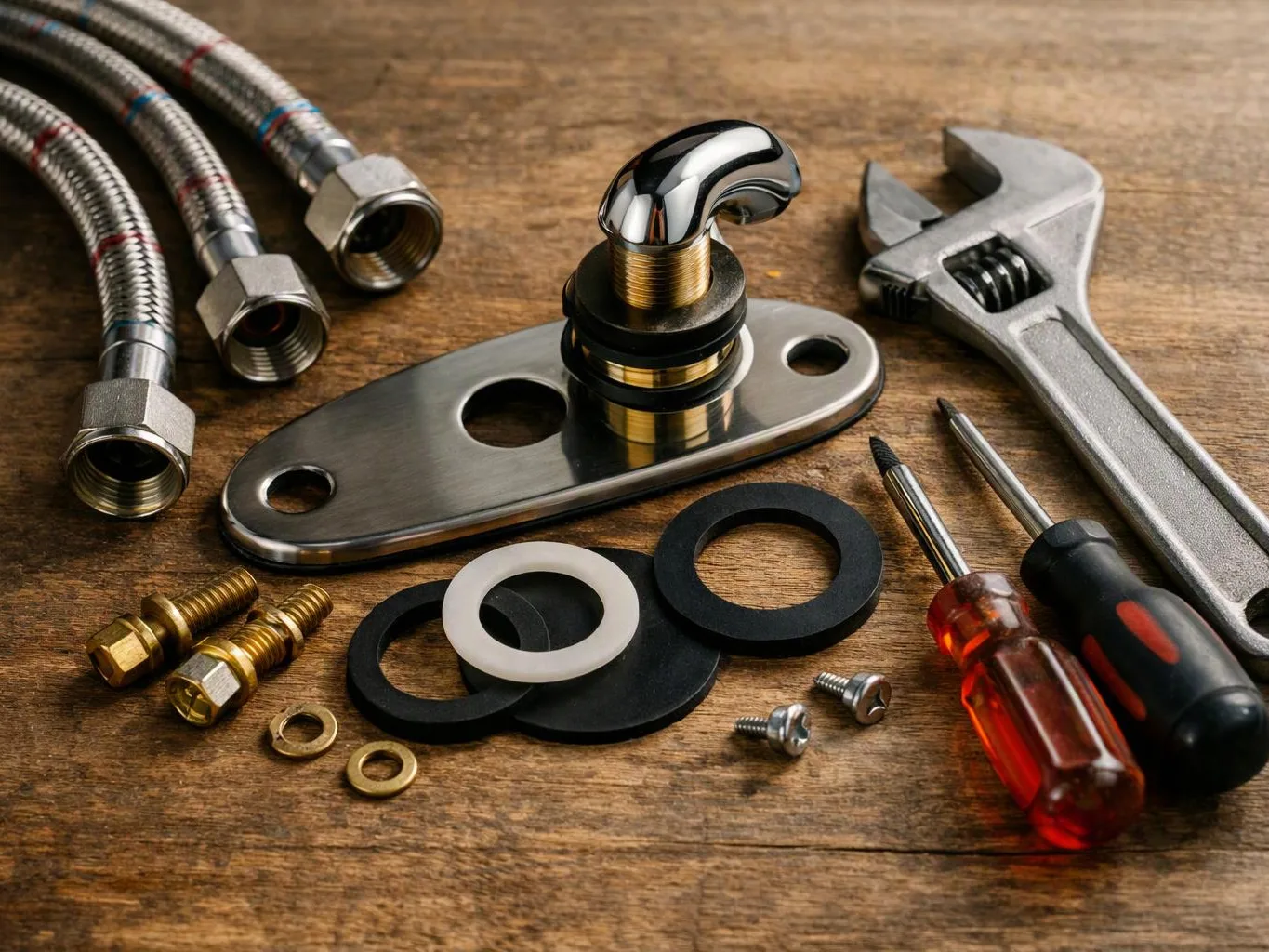 Plumbing repair tools and parts sit on a wooden surface, including hoses, wrenches, screws, washers, and fittings