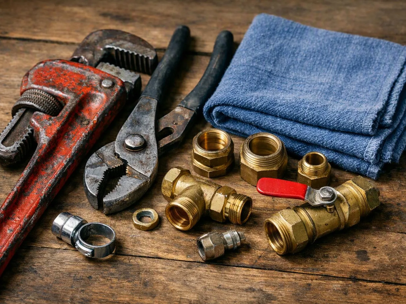 Plumbing tools, brass fittings, and a folded blue cloth lie on a worn wooden workbench
