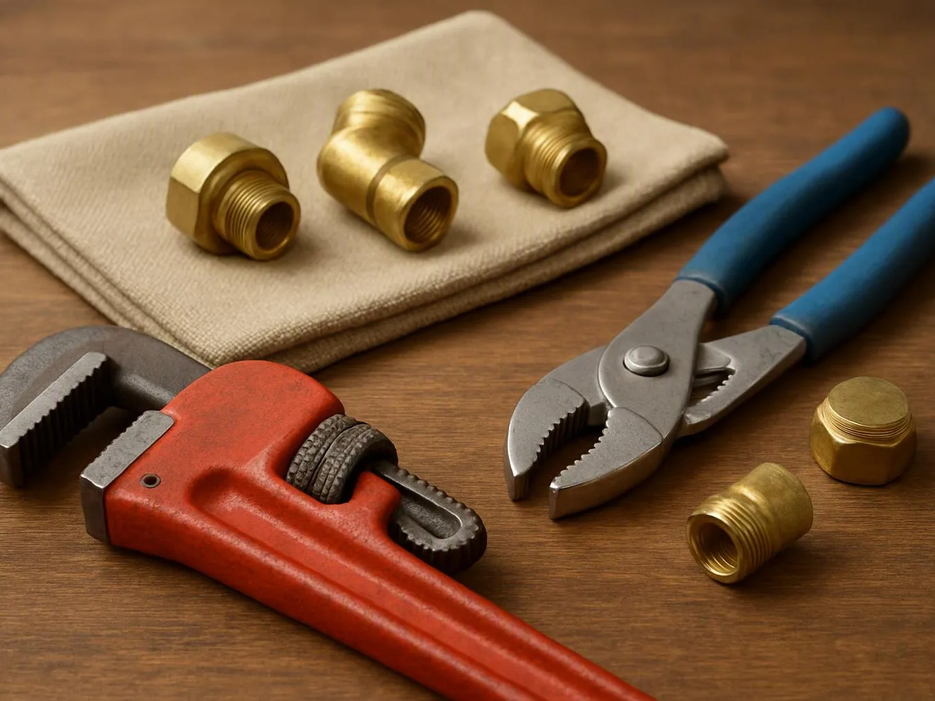 Plumbing tools and brass fittings lie on a wooden table beside a folded cloth
