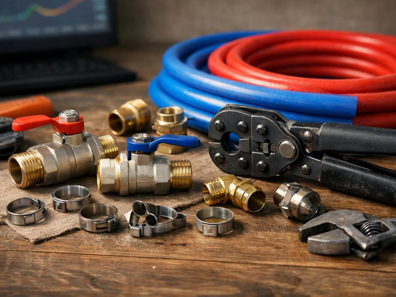 Plumbing tools, brass fittings, and red and blue hoses lie on a wooden workbench