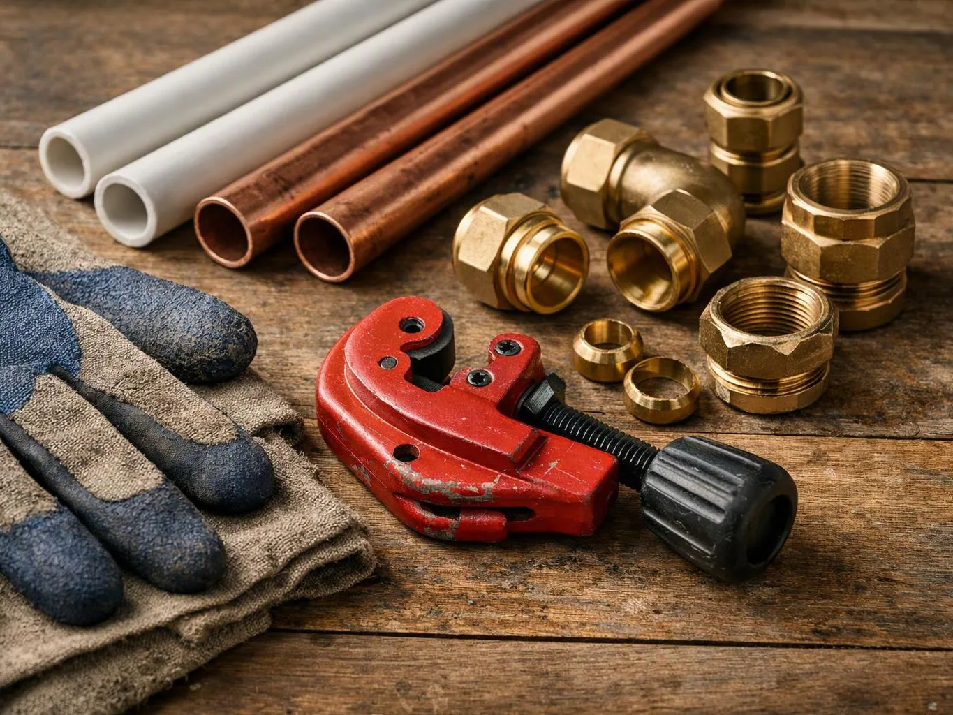 Plumbing tools and fittings, including copper pipes, brass connectors, gloves, and a red pipe cutter, lie on a wooden surface