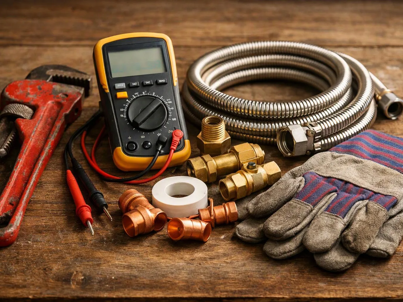 Plumbing tools and fittings rest on a wooden table beside gloves and a digital multimeter