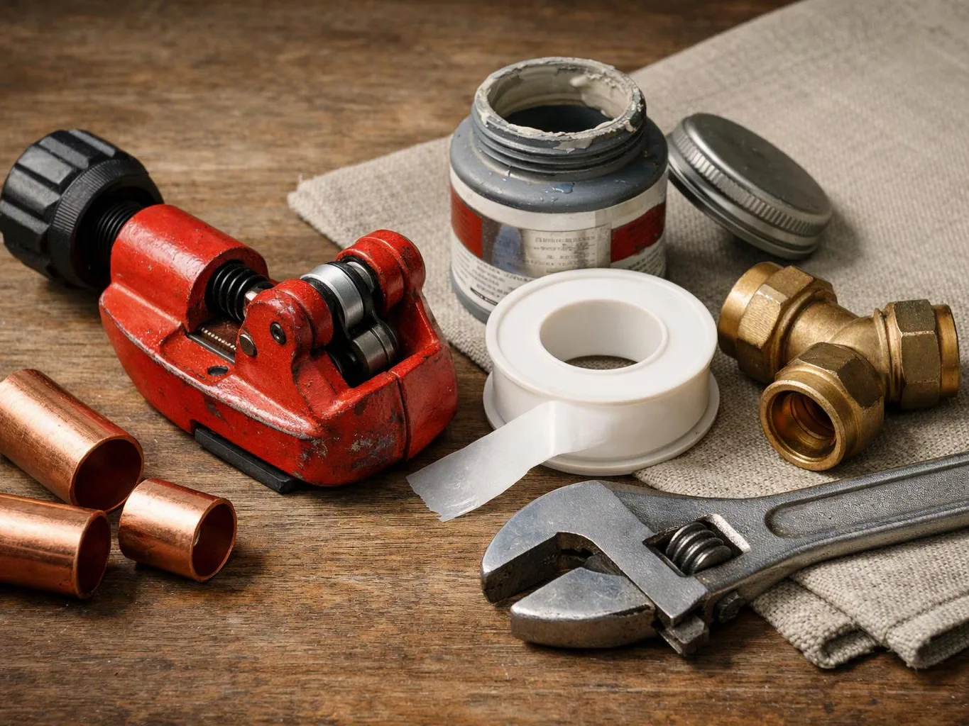 Plumbing tools and fittings rest on a wooden table beside pipe tape, copper pieces, and a gray cloth