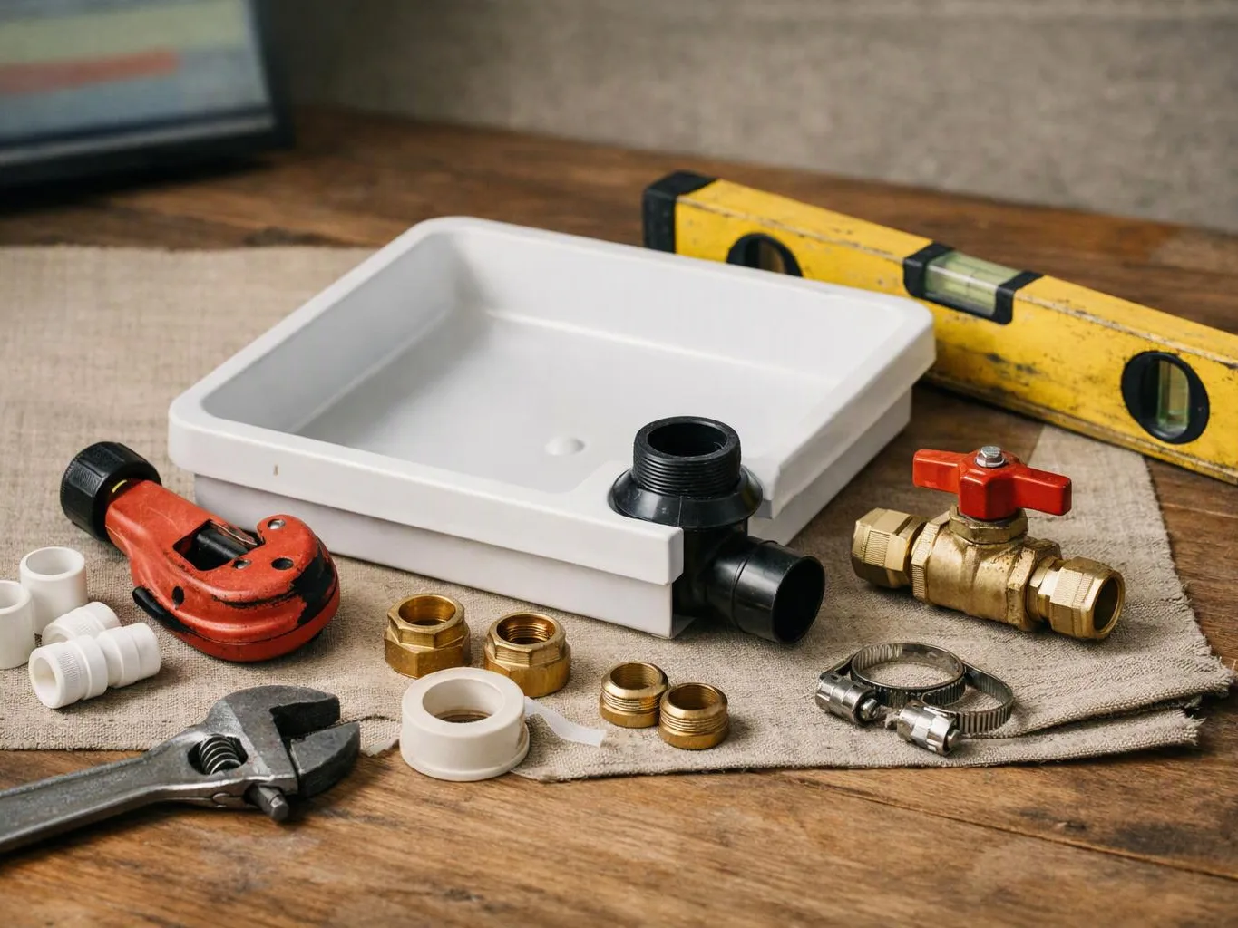 Plumbing tools and fittings surround a white drain pan on a wooden workbench
