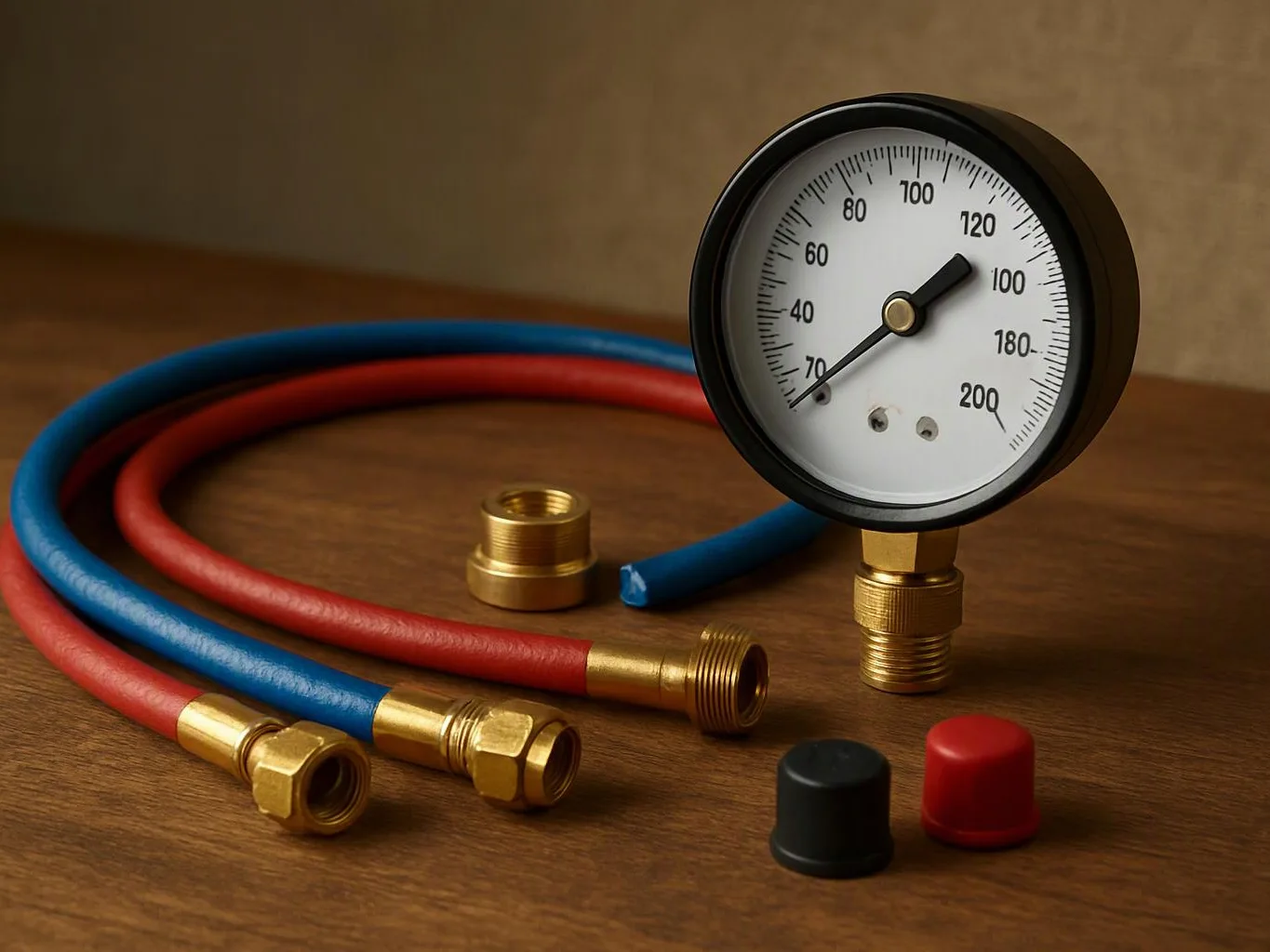 A pressure gauge with red and blue hoses and brass fittings sits on a wooden table