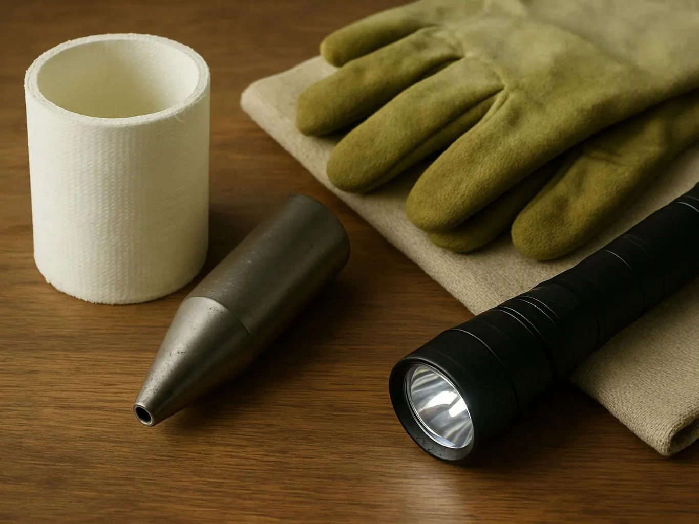 Protective gloves, a flashlight, a metal nozzle, and a white cylinder rest on a wooden table