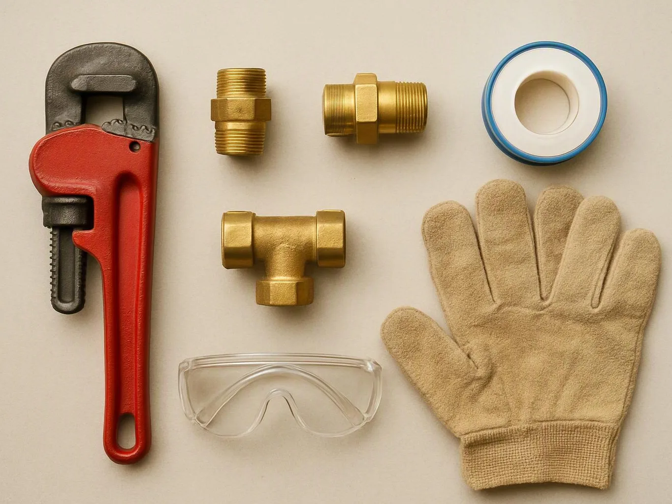 A red pipe wrench, brass fittings, plumber’s tape, safety glasses, and a work glove lie on a plain surface
