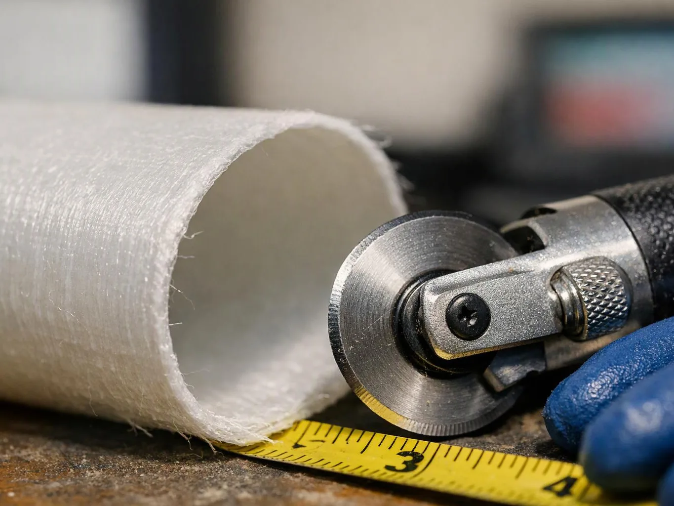 A rotary cutter slices a white fabric tube beside a yellow measuring tape on a workbench