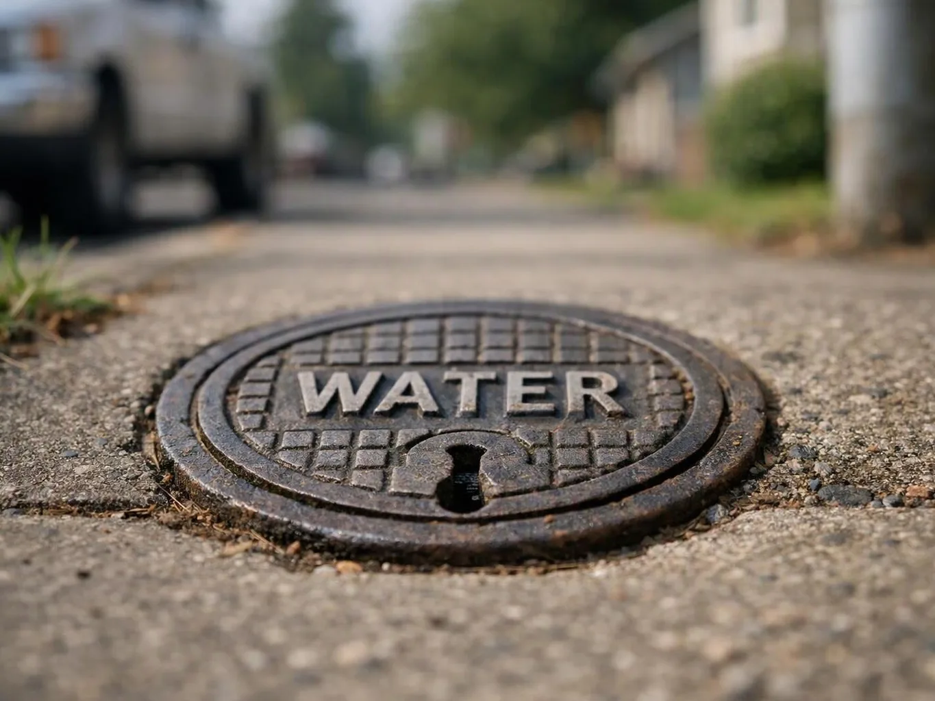 A round metal water utility cover sits in the pavement beside a quiet street with blurred houses and a truck