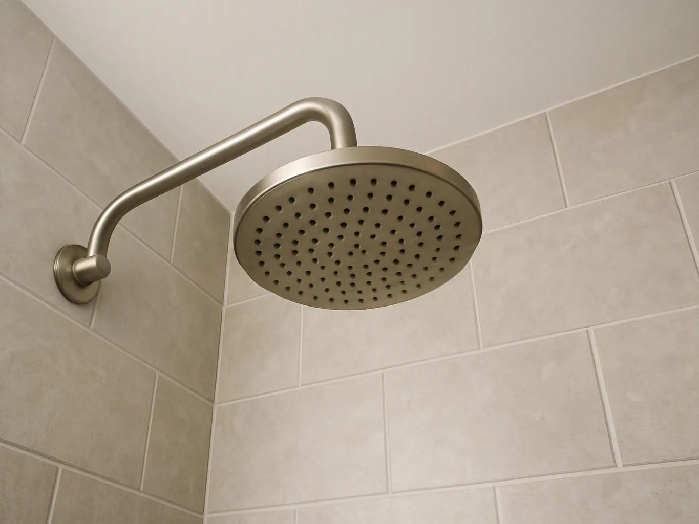 A round showerhead hangs from a metal arm against beige tiled bathroom walls