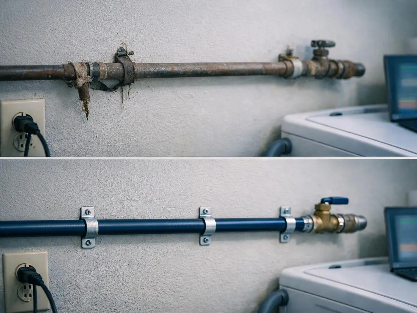 A rusty pipe above a washer is replaced with a blue pipe and valve on a wall