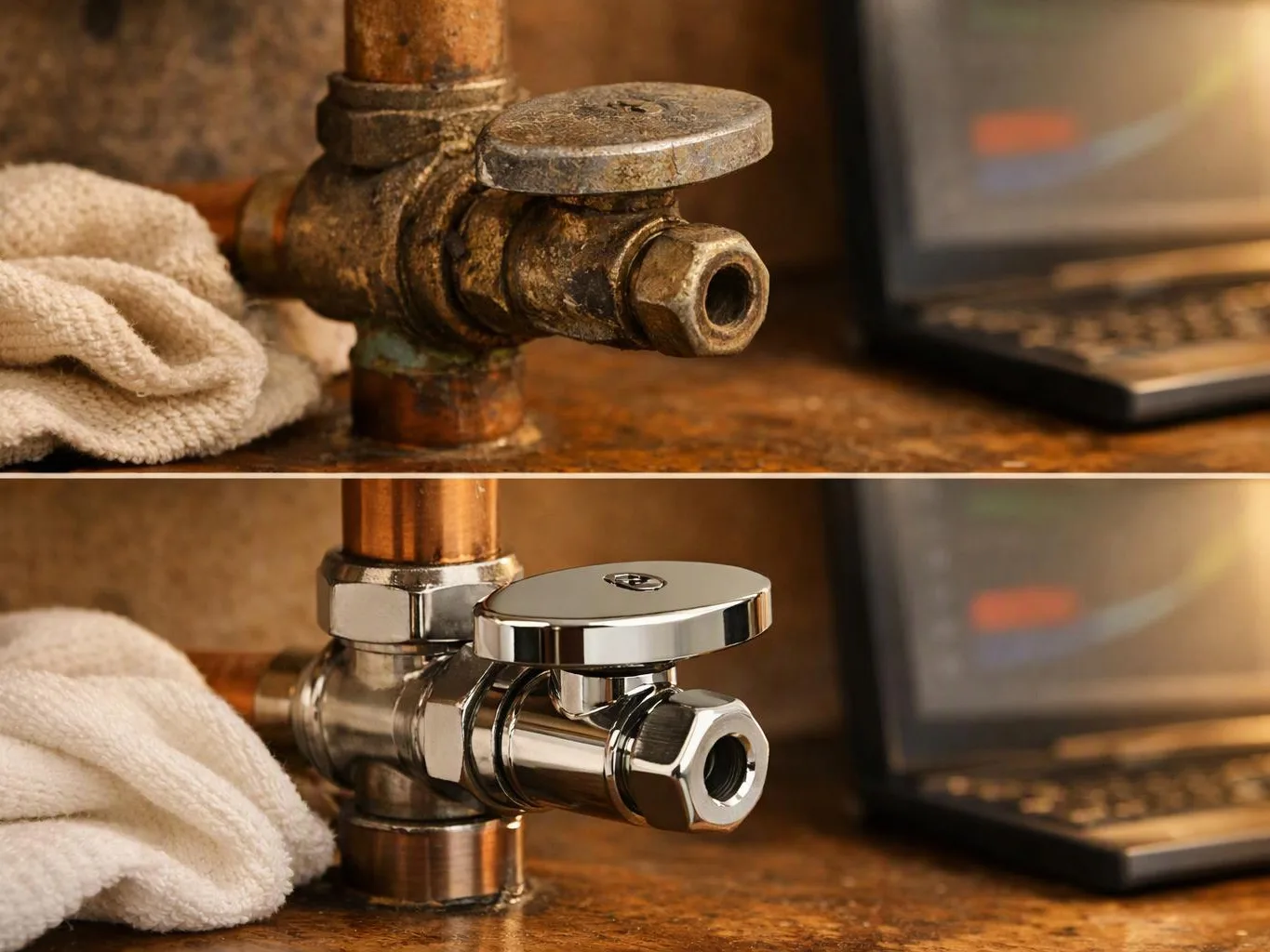 A rusty pipe valve appears above a shiny replacement valve beside a cloth and blurred laptop on a wooden surface