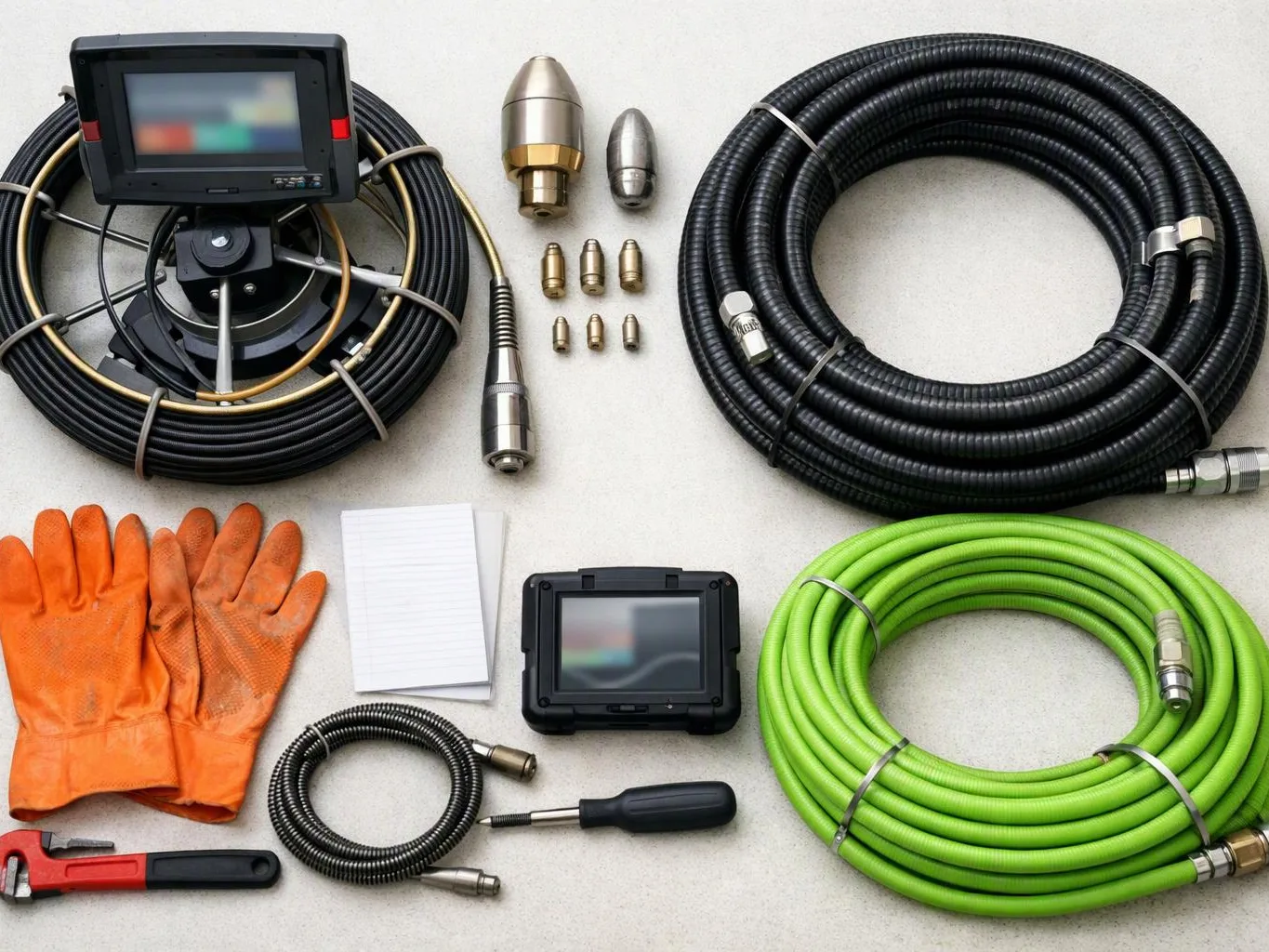 A set of coiled hoses, inspection monitors, metal fittings, gloves, and tools is arranged on a light tabletop