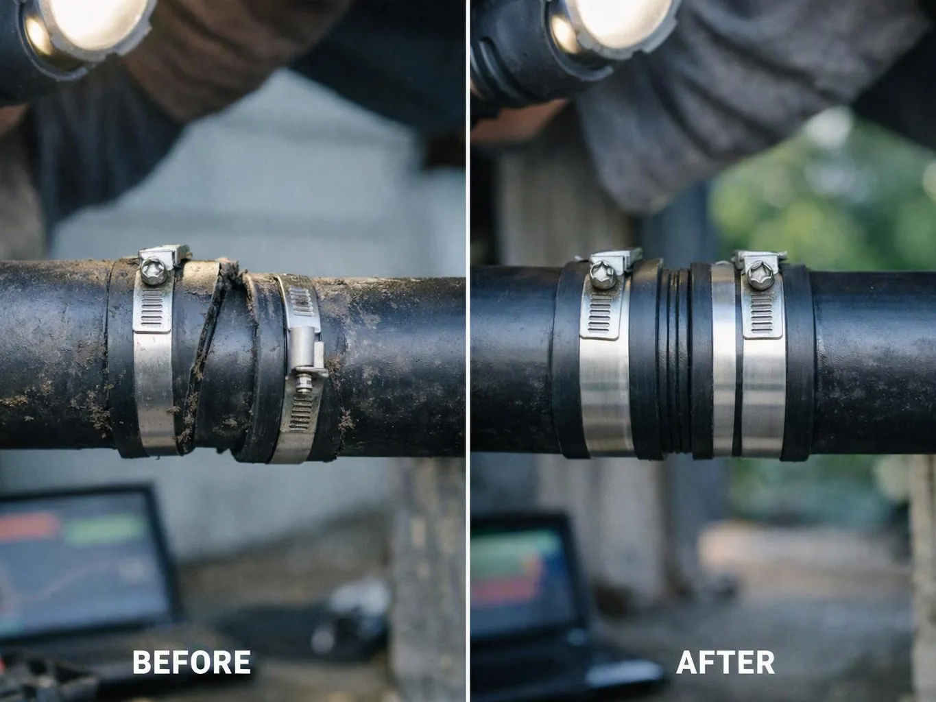 Side by side before and after view of a dirty pipe joint with metal clamps being repaired outdoors