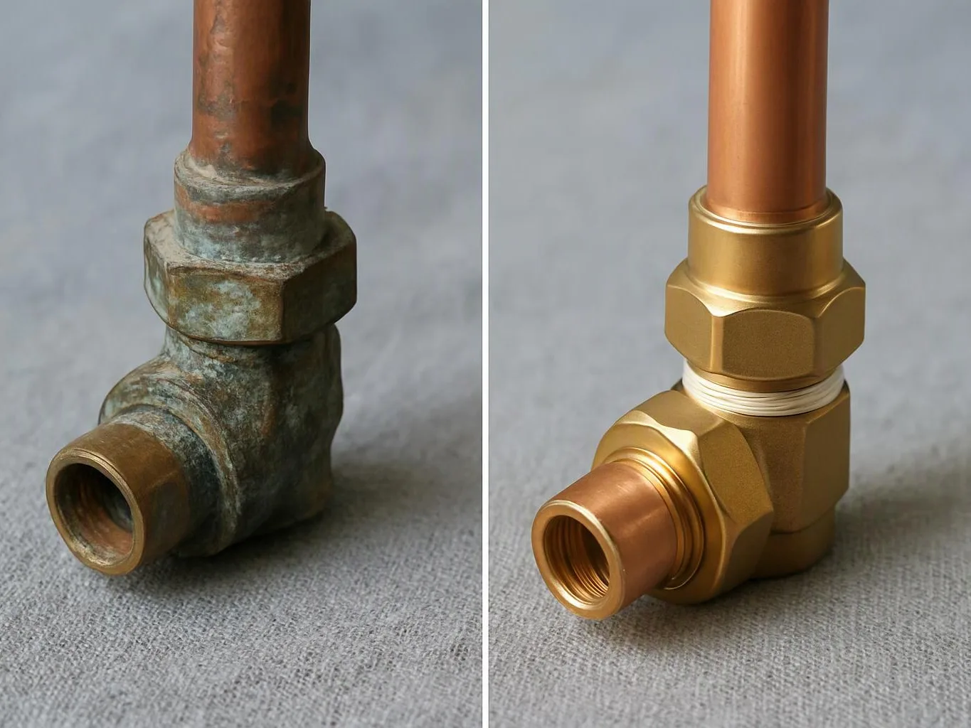 Side by side pipes show a corroded old fitting on the left and a shiny new brass fitting on the right