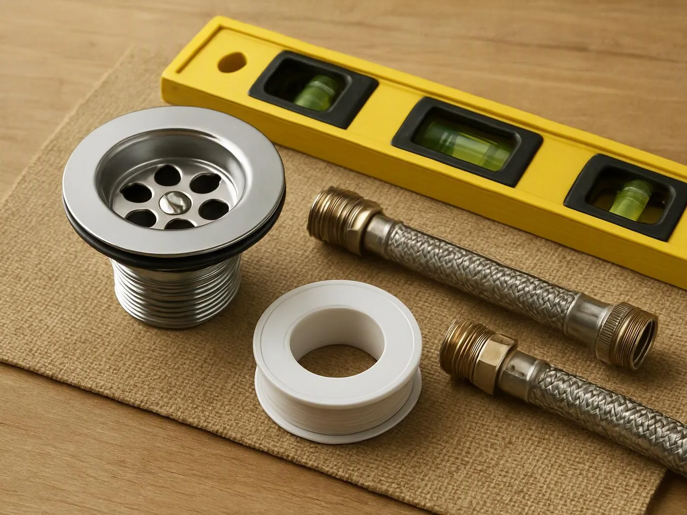A sink drain, plumbing tape, braided hoses, and a yellow level sit on a cloth over a wooden table