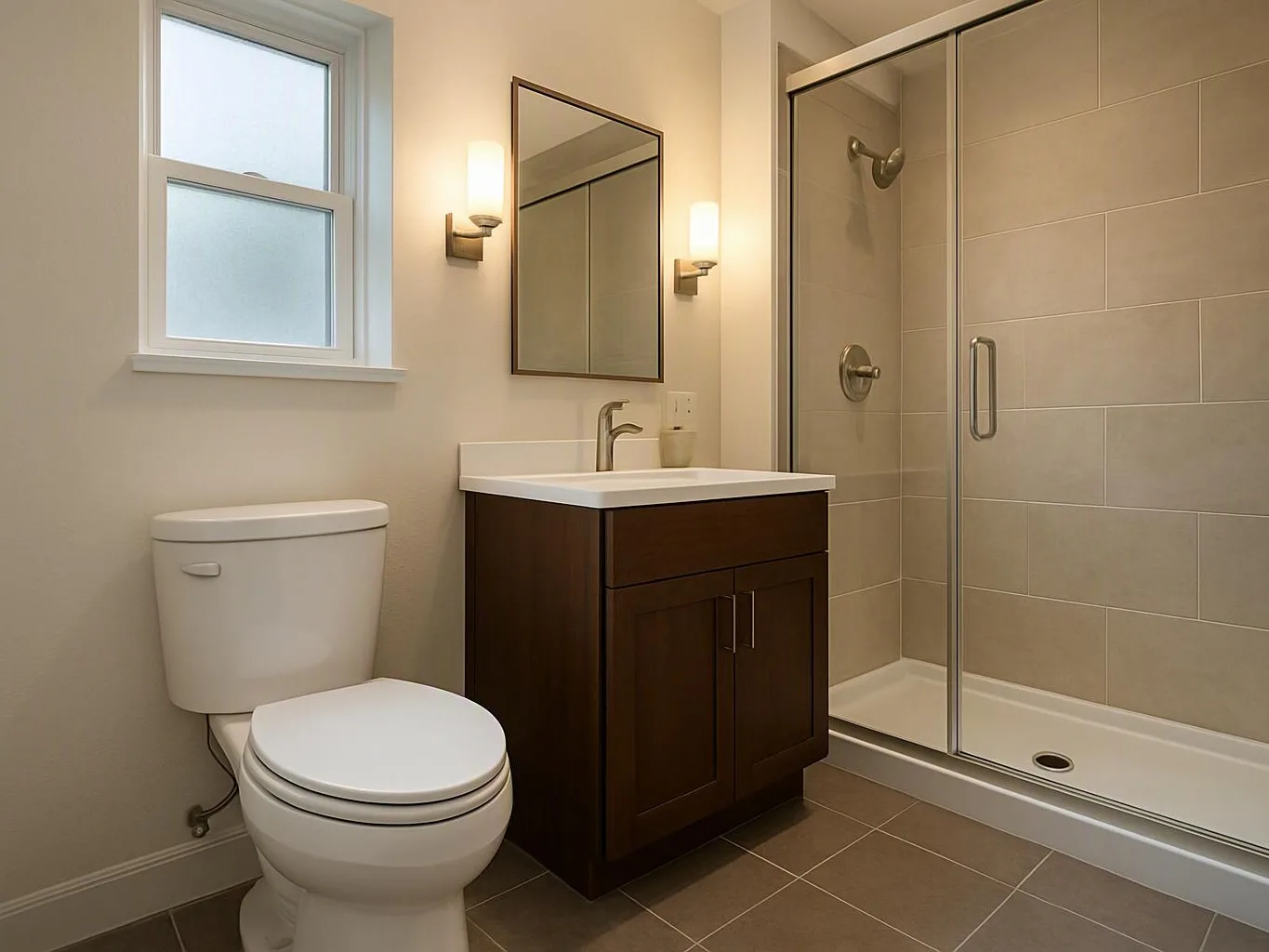 A small bathroom has a toilet, wood vanity, mirror, window, and glass shower enclosure