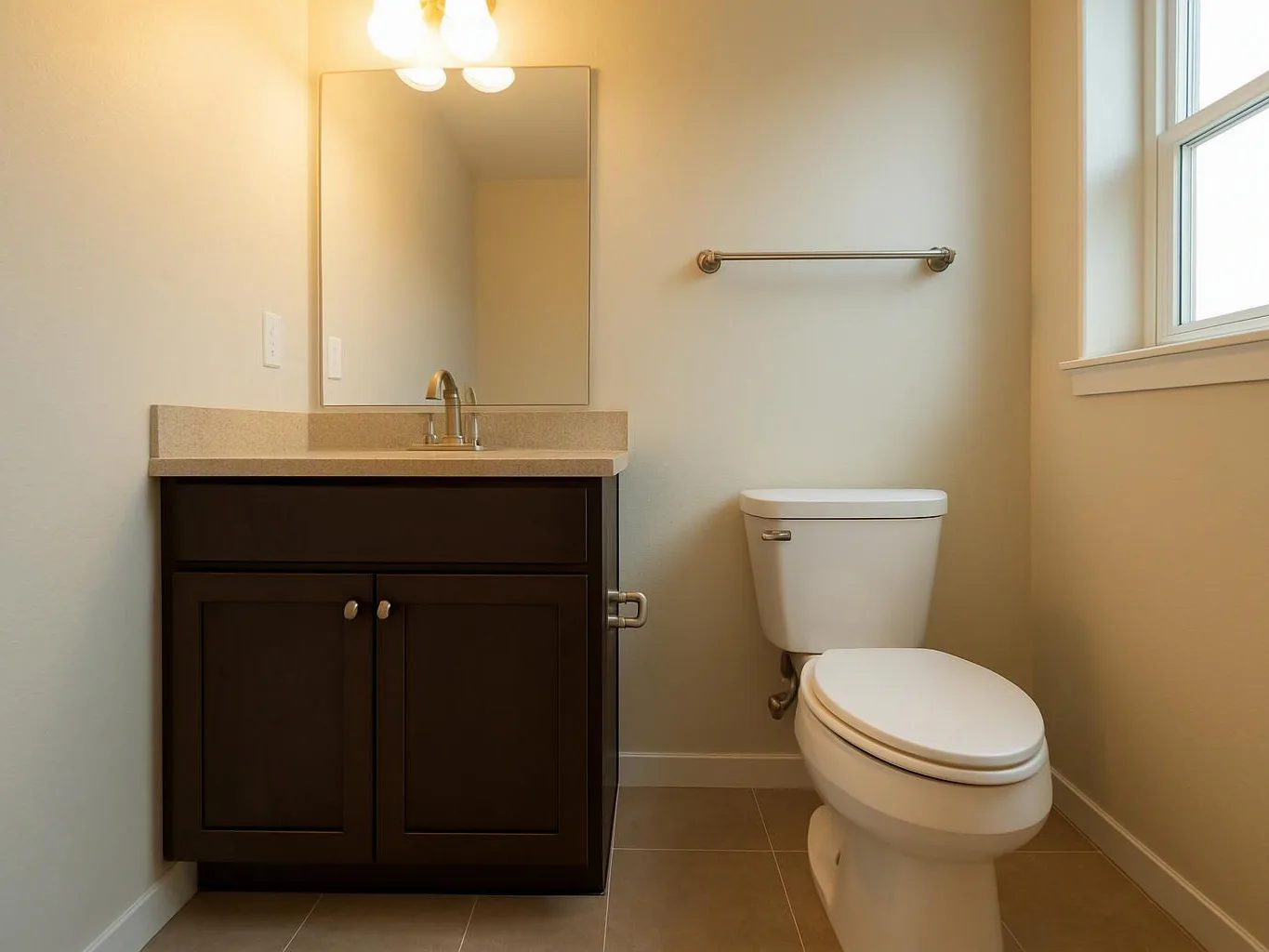 A small bathroom shows a dark vanity, mirror, toilet, towel bar, and window in warm light