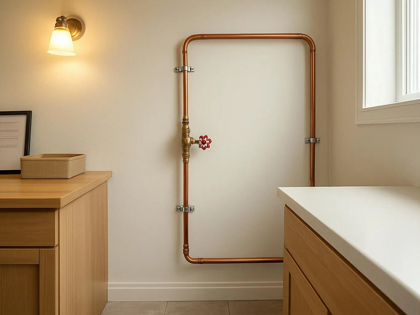 A small room shows a copper pipe frame on the wall between wooden cabinets and a window