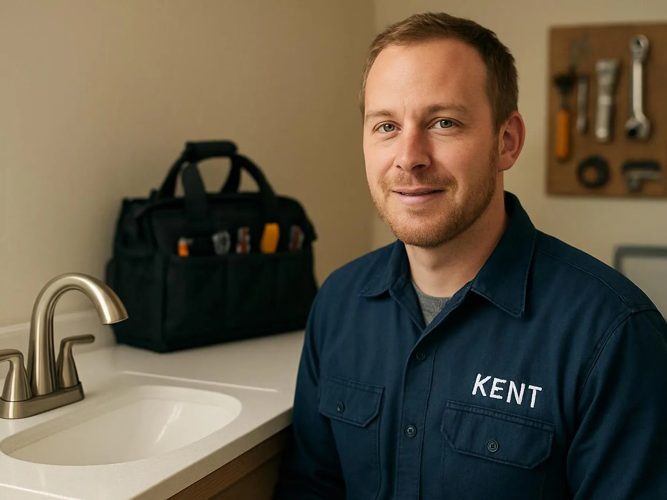 A smiling man in a blue work shirt stands beside a bathroom sink with tools in the background