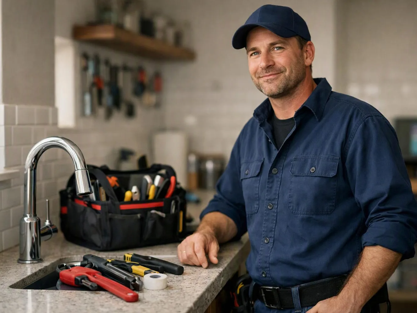A smiling man in a blue work shirt stands beside tools on a kitchen counter near a sink