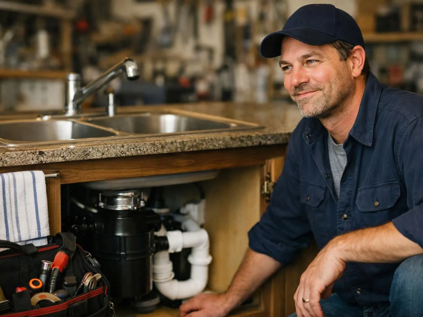 A smiling man in a cap kneels beside an open sink cabinet with plumbing tools and pipes visible
