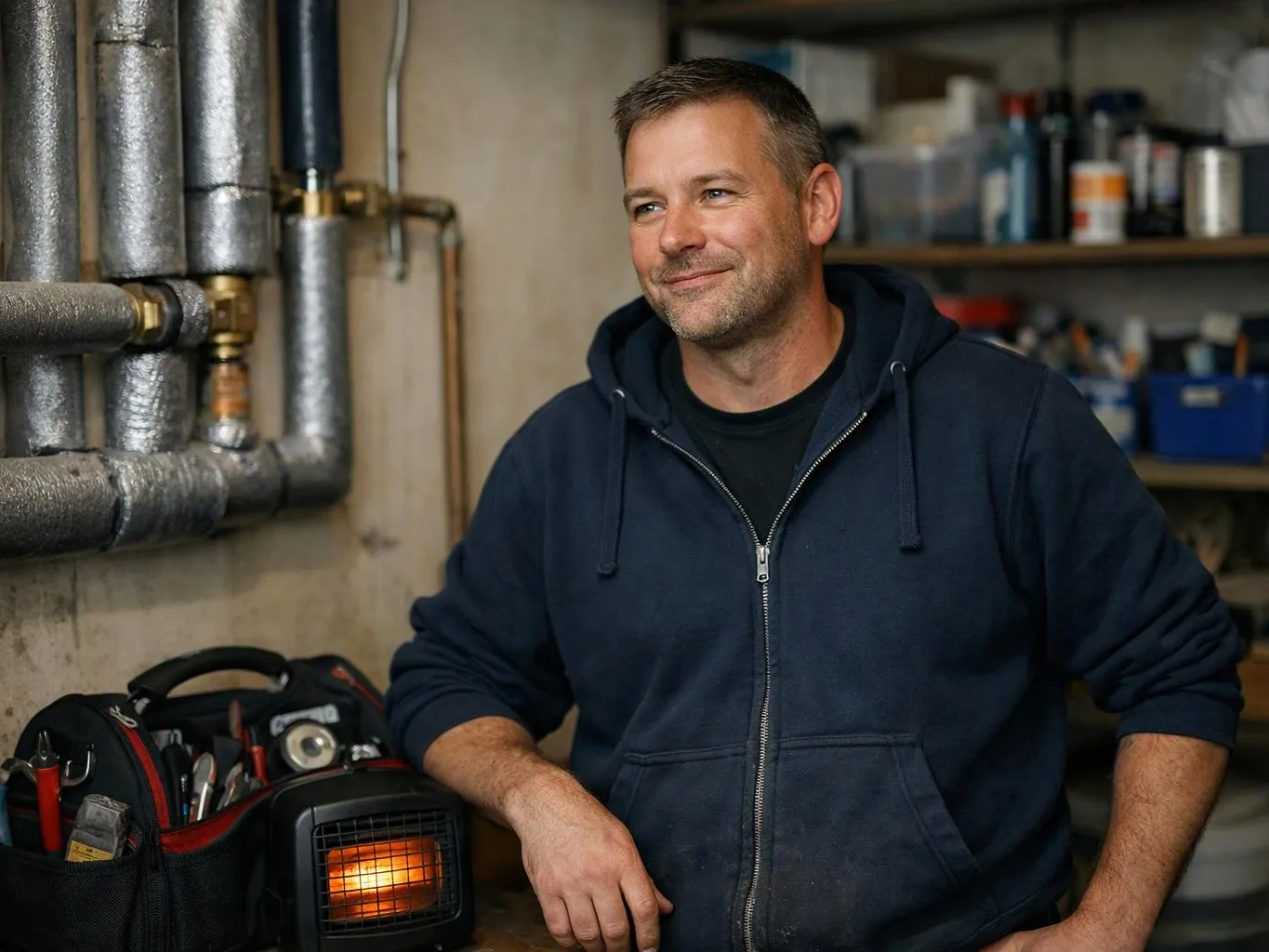 A smiling man in a navy hoodie stands beside insulated pipes, tools, and a glowing space heater in a workshop