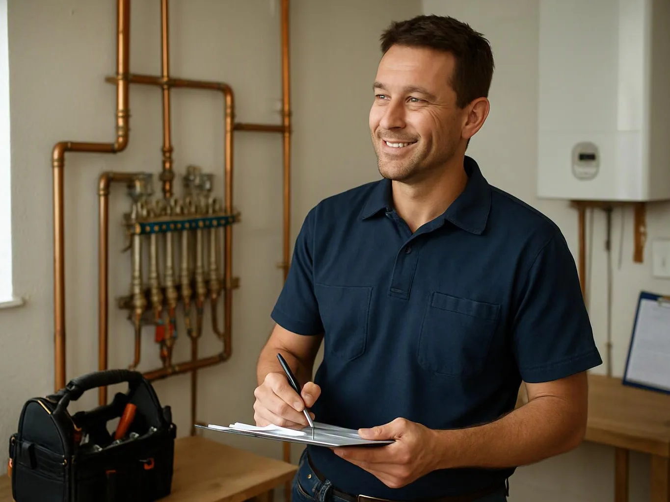 A smiling man in a navy polo writes on a clipboard beside exposed copper pipes in a utility room