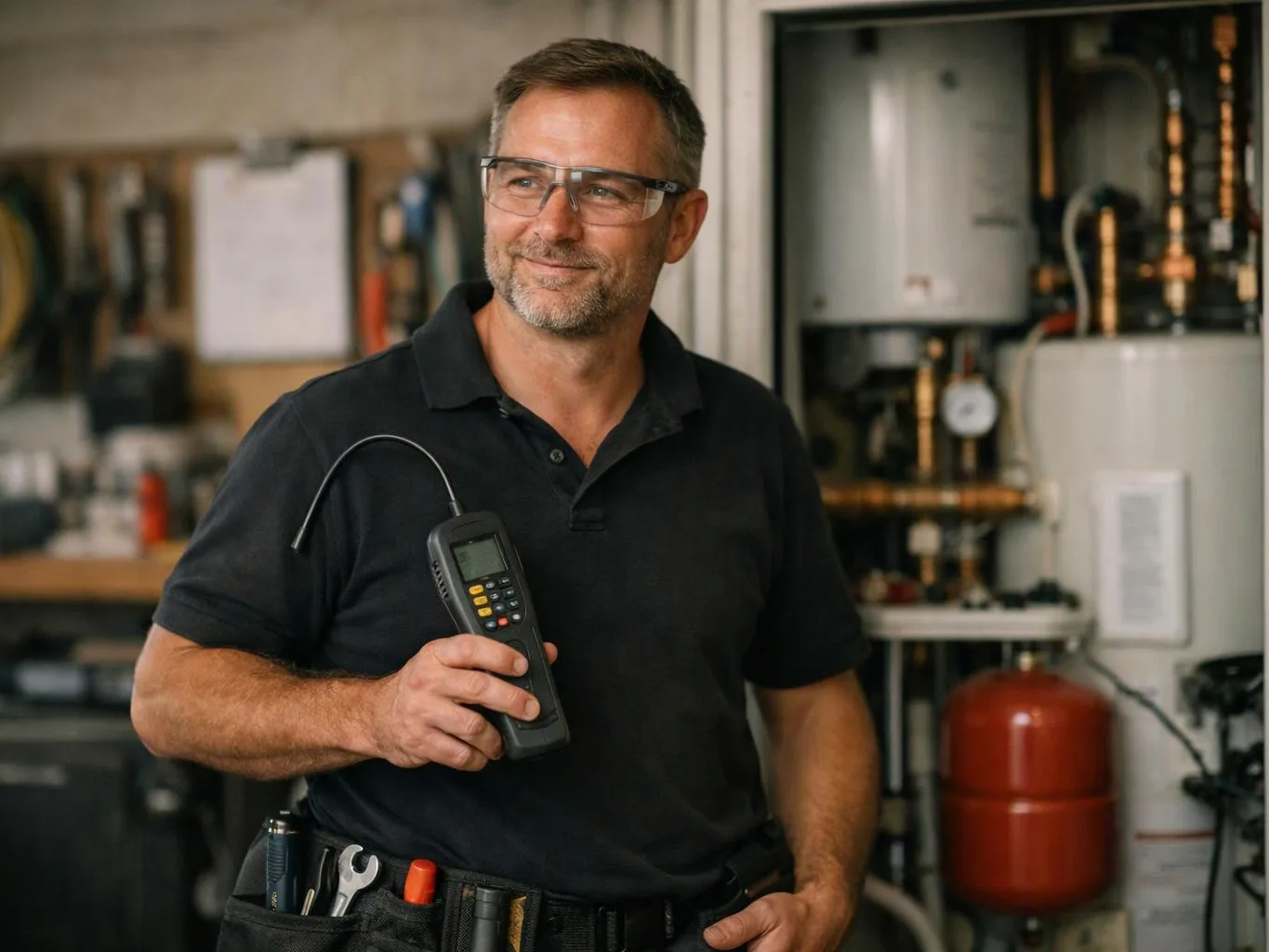 A smiling man in safety glasses holds a handheld meter in a workshop with heating equipment behind him